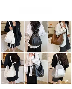 Versatile multi-way women's backpack in various colors shown in a lifestyle street setting