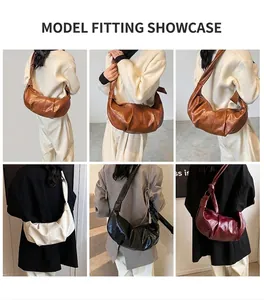 Collage of slouchy croissant bags in brown, white, black, and red with pleated textures