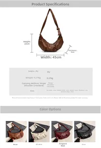 Detailed size chart and specifications for the large capacity pleated PU leather crescent bag