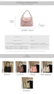 Detailed chart showing PU leather tote bag dimensions and five available color variants