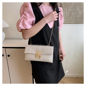 Detail of off-white woven straw bag with golden chain strap and metallic lock shown on model