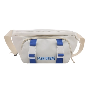 White sporty crossbody bag with blue straps and plastic buckle closure for daily use