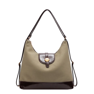 Sac hobo en nylon vert olive avec finitions en cuir verni marron et boucle dorée