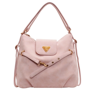 Minimalist light pink matte shoulder bag with golden logo and double strap design