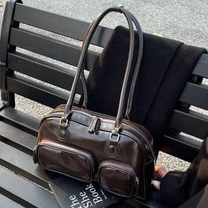 Vintage Glossy PU Leather Bowling Shoulder Bag For Women Large Capacity Multi Pocket Tote Retro Commuting Underarm Handbag