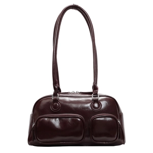 Vintage wine red glossy bowling shoulder bag with double zip pockets for women