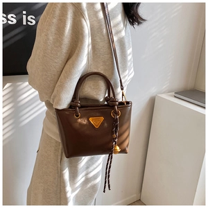 Détail d'un sac cabas en cuir marron foncé brillant avec logo et pendentif tissé