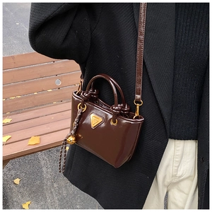 Détail du petit sac en cuir verni marron foncé avec plaque dorée en décor automnal