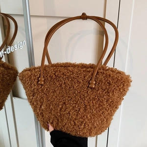 Sac Seau en Peluche Décontracté pour Femmes Sac Fourre-Tout en Laine d'Agneau Synthétique Avec Poignée en Cuir Mode Hiver