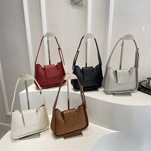 Petit Sac à Épaule en Cuir PU à Texture Tissée Vintage pour Femmes Sac Sous les Bras Rétro Couleur Unie Sac à Main Carré Mode