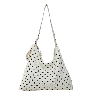 Borsa tote in tela bianco sporco con pois neri e dettaglio di fiocco laterale