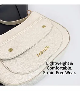 Detail of white lychee leather saddle bag showing gold Fashion lettering and stitching