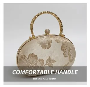 Macro detail of champagne embroidered fabric with luxury gold woven handle and rhinestone clasp