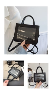 Détail du mini sac noir en cuir PU avec fenêtre transparente en PVC personnalisable