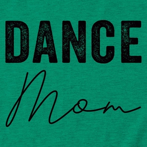 Detail of distressed DANCE Mom graphic print on bright green cotton knit t-shirt fabric