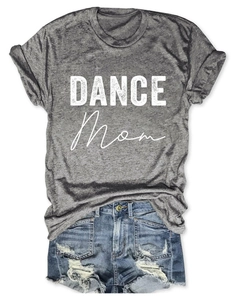 Detail of grey crewneck T-shirt with DANCE MOM print and ripped denim shorts set