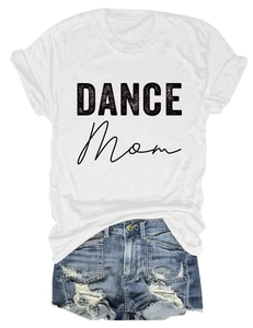 Flat lay of a white cotton T-shirt with black Dance Mom print and ripped denim shorts