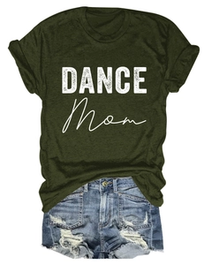 Detail of DANCE Mom print on olive green cotton t-shirt with frayed denim shorts