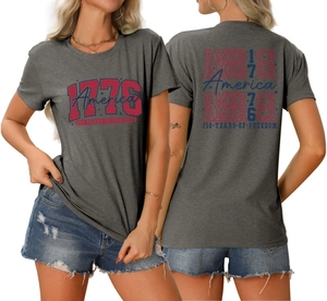 Detail of 1776 America 250 years freedom graphic print on front and back of charcoal t-shirt