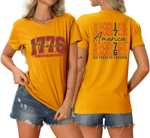 Front and back view of yellow 1776 America 250 years of freedom graphic t-shirt