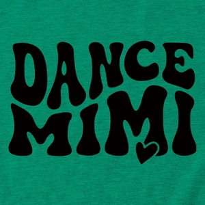 Close-up of green cotton fabric showing detailed texture and DANCE MIMI logo print