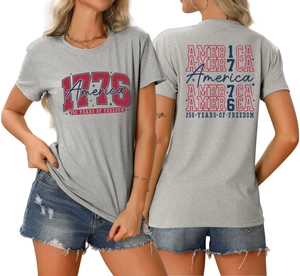 Front and back detail of 1776 America 250 years of freedom print on gray cotton T-shirt
