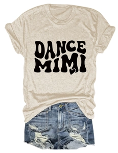 Close-up of oatmeal crew neck t-shirt with DANCE MIMI print and distressed denim shorts