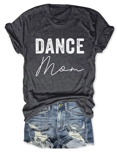 Detail of rolled sleeve and Dance Mom print on dark gray heather cotton t-shirt