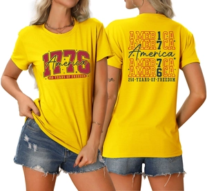 Detailed front and back view of 1776 America 250 years of freedom yellow cotton t-shirt