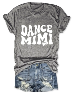 Flat lay of gray crew neck t-shirt with DANCE MIMI print and distressed denim shorts