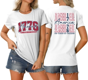 Front and back detail of white 1776 America 250 Years of Freedom cotton T-shirt