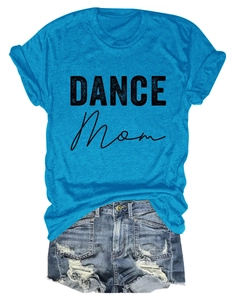 Detail of blue DANCE MOM print t-shirt paired with ripped denim shorts for a casual look
