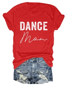 Flat lay of red Dance Mom cotton blend T-shirt paired with blue distressed denim shorts