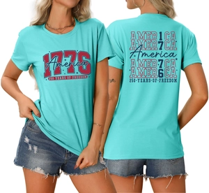 Detail of tiffany blue t-shirt with 1776 America 250 years of freedom vintage prints
