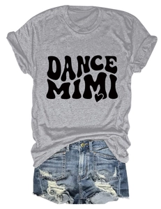 Close-up of gray crew neck T-shirt with DANCE MIMI print and ripped denim shorts set