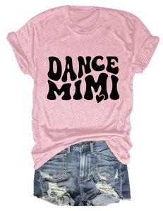 Detail of pink cotton T-shirt featuring bold Dance Mimi lettering and heart graphic