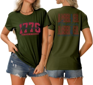 Detailed close-up showing double-sided 1776 America print on olive green cotton t-shirt
