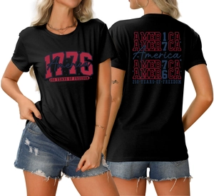 Front and back detail of 1776 America 250 years of freedom print on a black T-shirt
