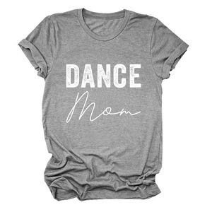 Flat lay of a grey short sleeve t-shirt with white DANCE Mom artistic text print