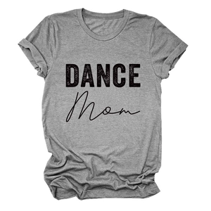 Detail of grey crew neck t-shirt with black DANCE Mom print and soft cotton knit fabric