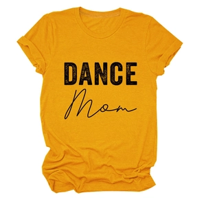 Flat lay of yellow cotton t-shirt with black DANCE Mom graphic print and round neck