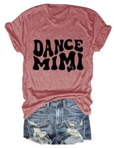 Close-up of the vintage DANCE MIMI print on a heather red cotton blend T-shirt