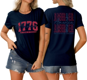 Navy blue t-shirt with 1776 America 250 years print showing front and back detail view