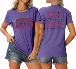 Detail view of purple crew neck T-shirt with 1776 America 250 Years of Freedom print