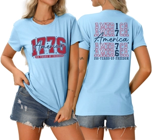 Front and back view of light blue 1776 America 250 Years of Freedom t-shirt
