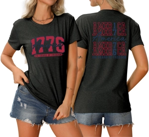 Front and back view of 1776 America 250 Years of Freedom print on short sleeve T-shirt