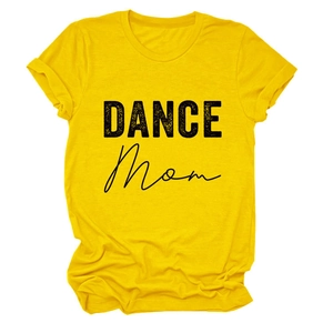 Detailed view of the soft cotton texture and DANCE Mom print on a yellow casual T-shirt