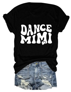 Close-up of Dance Mimi logo print on black cotton crew neck t-shirt with heart detail