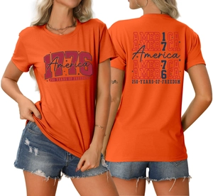 Front and back detail of orange cotton T-shirt with 1776 America 250 Years of Freedom print