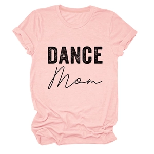 Detail of pink cotton T-shirt featuring black DANCE Mom artistic typography and crew neck